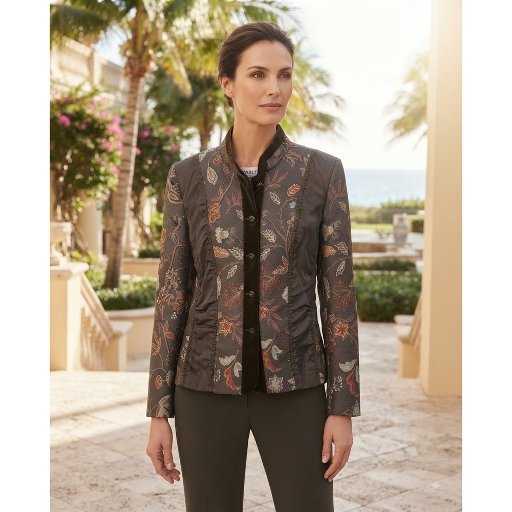 Basler Horst Basler Brown Floral Jacquard Jacket Velvet Trim Ruched Size 10